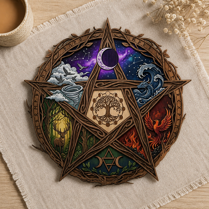 Pentagram Five Elements Wooden Sign, Runic Forest Circle Wall Art