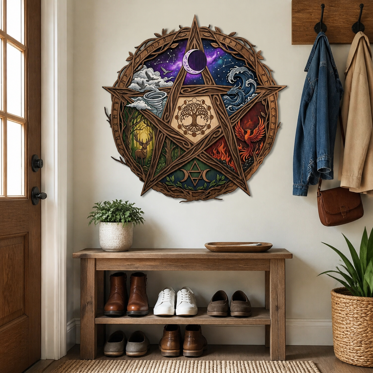 Pentagram Five Elements Wooden Sign, Runic Forest Circle Wall Art