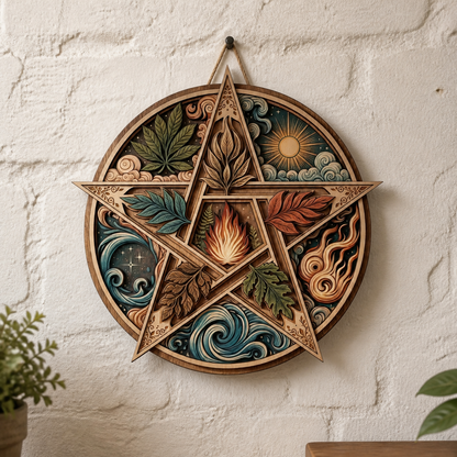 Pentagram Five Elements Wooden Sign, Central Flame Nature Circle Wall Art