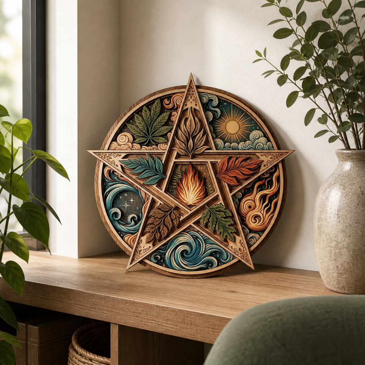 Pentagram Five Elements Wooden Sign, Central Flame Nature Circle Wall Art