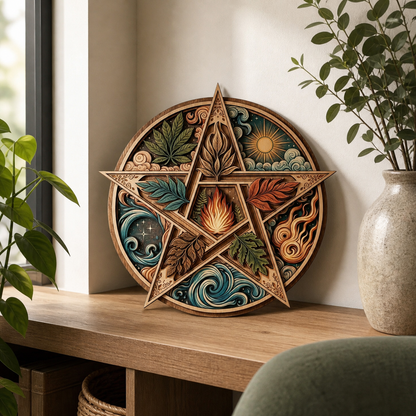Pentagram Five Elements Wooden Sign, Central Flame Nature Circle Wall Art