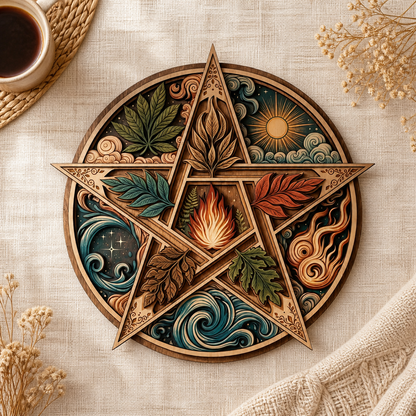 Pentagram Five Elements Wooden Sign, Central Flame Nature Circle Wall Art