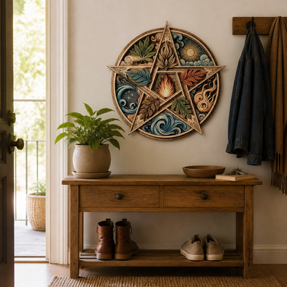 Pentagram Five Elements Wooden Sign, Central Flame Nature Circle Wall Art