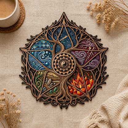 Pentagram Five Elements Wooden Sign, Leaf Gear Wall Art
