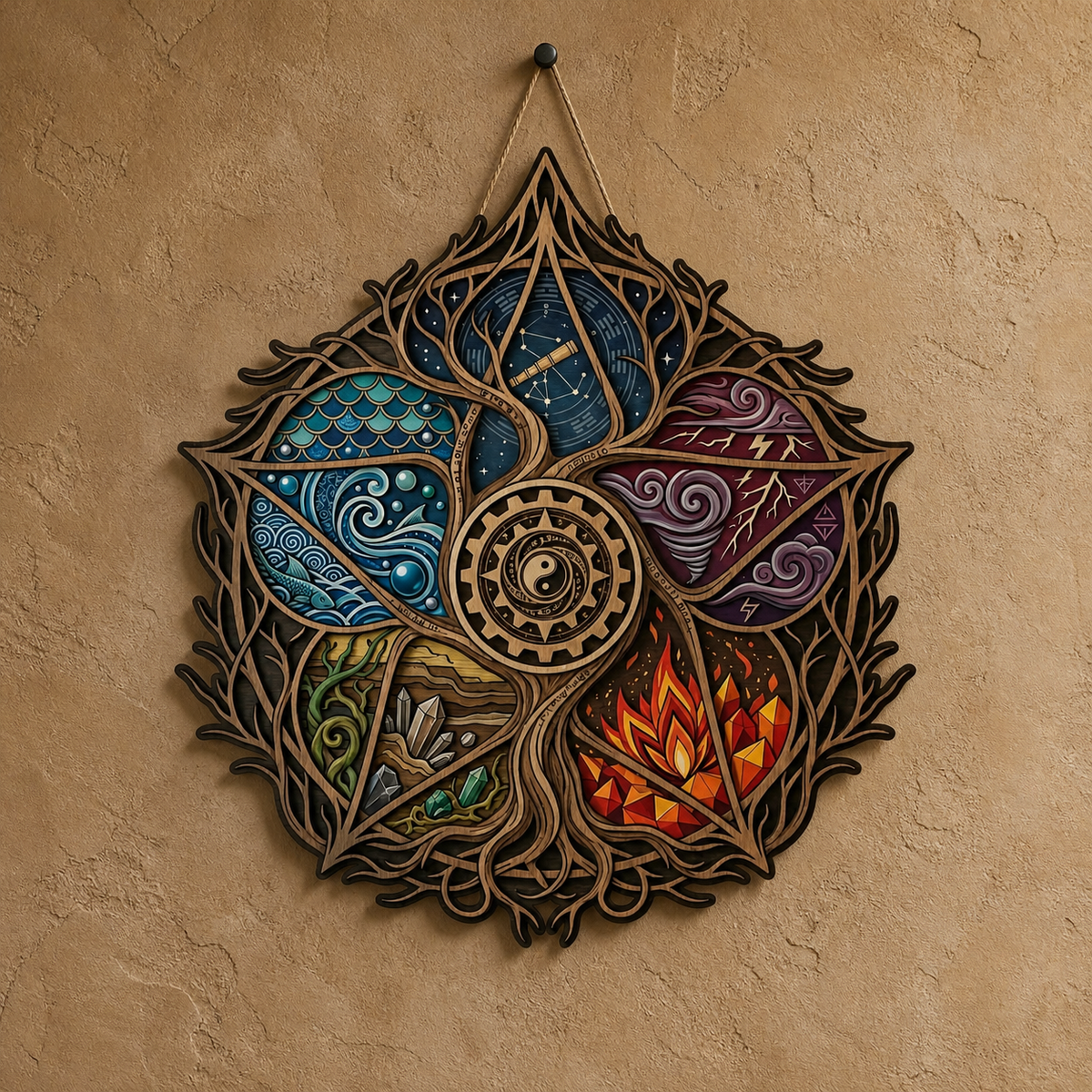 Pentagram Five Elements Wooden Sign, Leaf Gear Wall Art