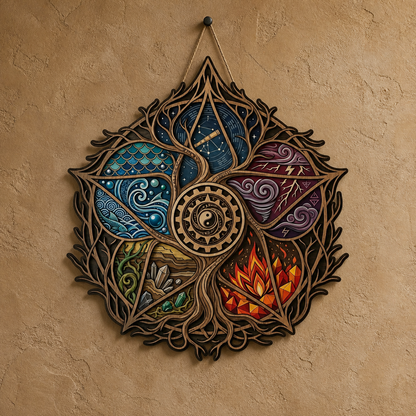 Pentagram Five Elements Wooden Sign, Leaf Gear Wall Art