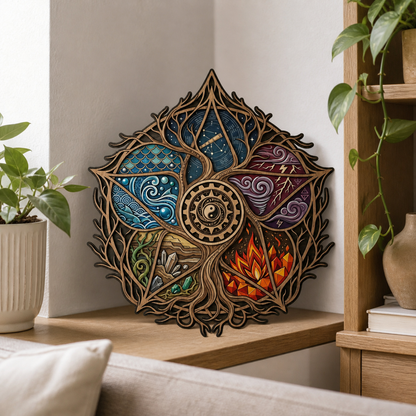 Pentagram Five Elements Wooden Sign, Leaf Gear Wall Art