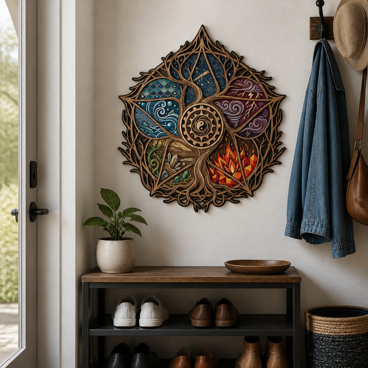Pentagram Five Elements Wooden Sign, Leaf Gear Wall Art