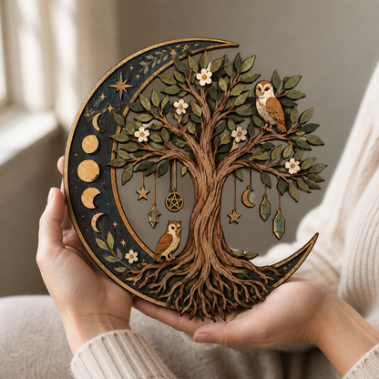 Celestial Tree Of Life Wooden Wall Art, Crescent Moon Wood Sign, Multi Layer Wooden Decor, Witchy Botanical Wall Hanging