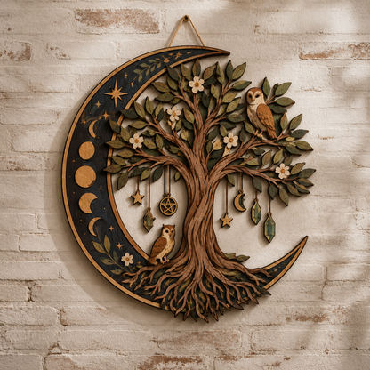 Celestial Tree Of Life Wooden Wall Art, Crescent Moon Wood Sign, Multi Layer Wooden Decor, Witchy Botanical Wall Hanging