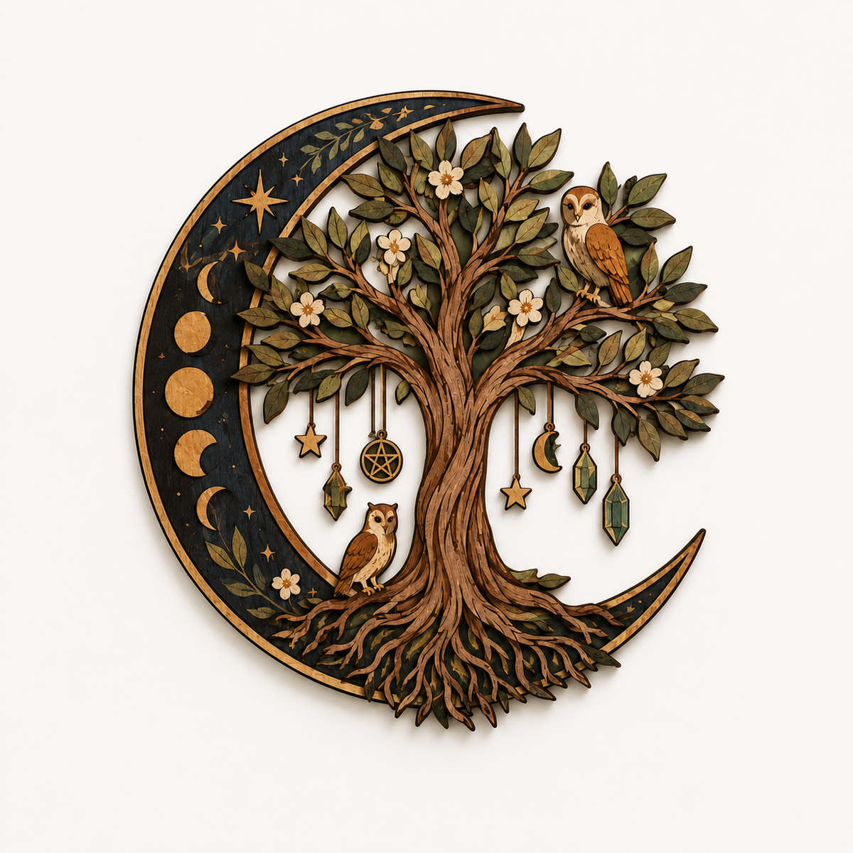 Celestial Tree Of Life Wooden Wall Art, Crescent Moon Wood Sign, Multi Layer Wooden Decor, Witchy Botanical Wall Hanging