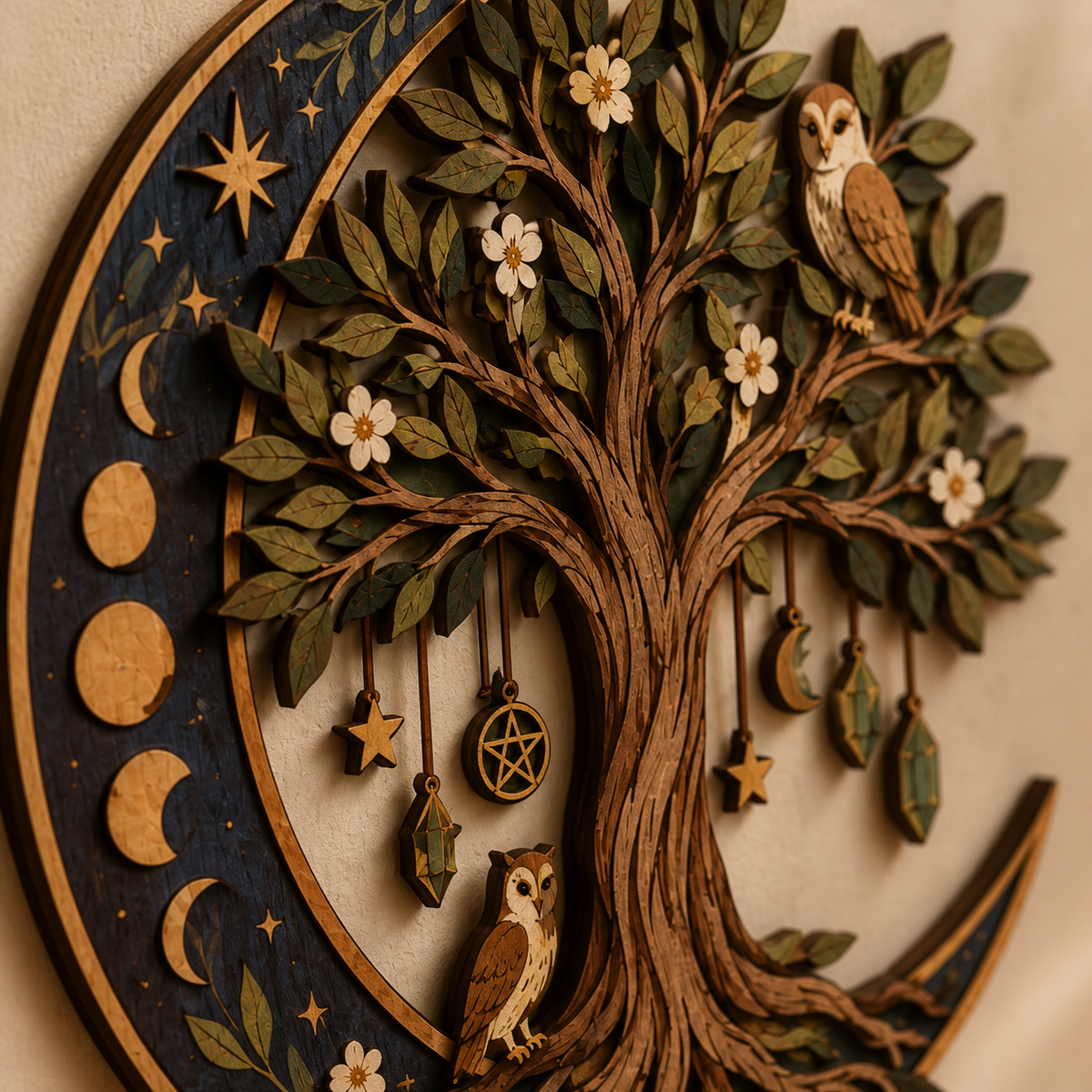 Celestial Tree Of Life Wooden Wall Art, Crescent Moon Wood Sign, Multi Layer Wooden Decor, Witchy Botanical Wall Hanging