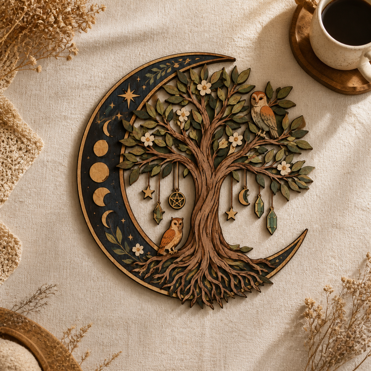 Celestial Tree Of Life Wooden Wall Art, Crescent Moon Wood Sign, Multi Layer Wooden Decor, Witchy Botanical Wall Hanging