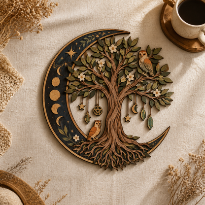 Celestial Tree Of Life Wooden Wall Art, Crescent Moon Wood Sign, Multi Layer Wooden Decor, Witchy Botanical Wall Hanging