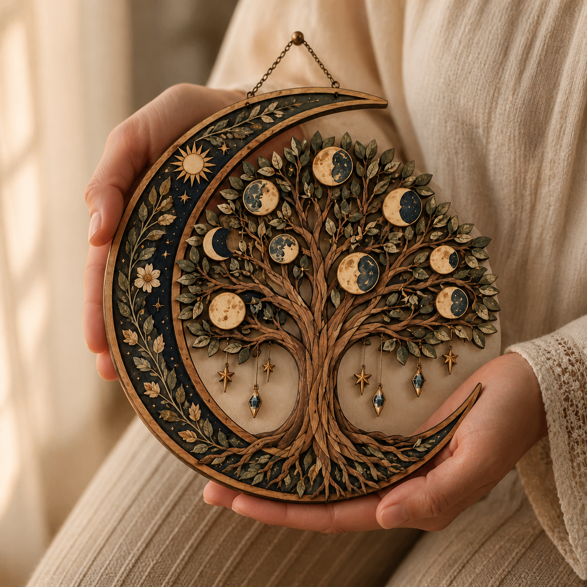 Celestial Tree Of Life Wooden Wall Art, Crescent Moon Wood Sign, Multi Layer Wooden Decor, Witchy Celestial Wall Hanging