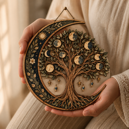 Celestial Tree Of Life Wooden Wall Art, Crescent Moon Wood Sign, Multi Layer Wooden Decor, Witchy Celestial Wall Hanging