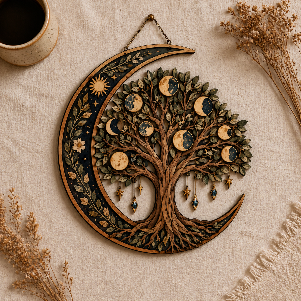 Celestial Tree Of Life Wooden Wall Art, Crescent Moon Wood Sign, Multi Layer Wooden Decor, Witchy Celestial Wall Hanging