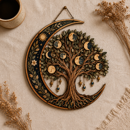 Celestial Tree Of Life Wooden Wall Art, Crescent Moon Wood Sign, Multi Layer Wooden Decor, Witchy Celestial Wall Hanging