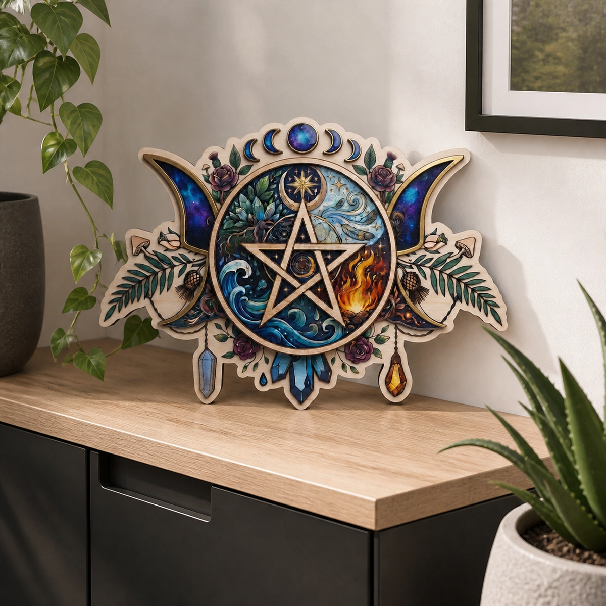 Pentagram Five Elements Wooden Sign, Galaxy Crescent Moon Wall Art