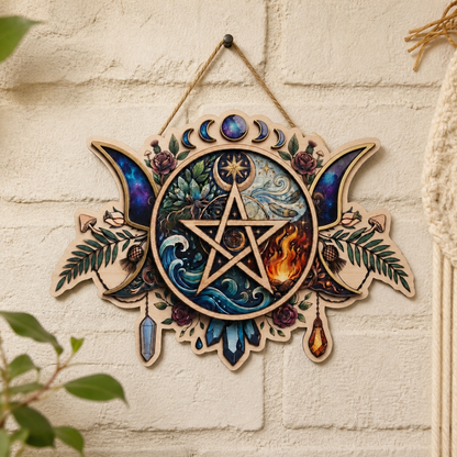 Pentagram Five Elements Wooden Sign, Galaxy Crescent Moon Wall Art