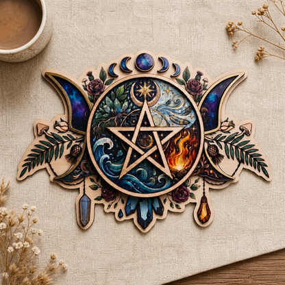 Pentagram Five Elements Wooden Sign, Galaxy Crescent Moon Wall Art