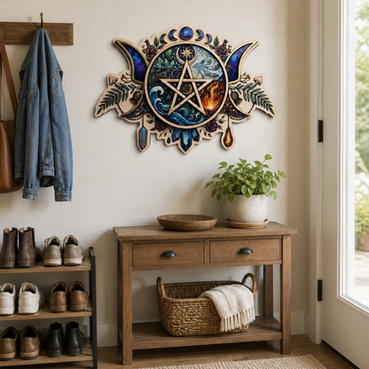 Pentagram Five Elements Wooden Sign, Galaxy Crescent Moon Wall Art