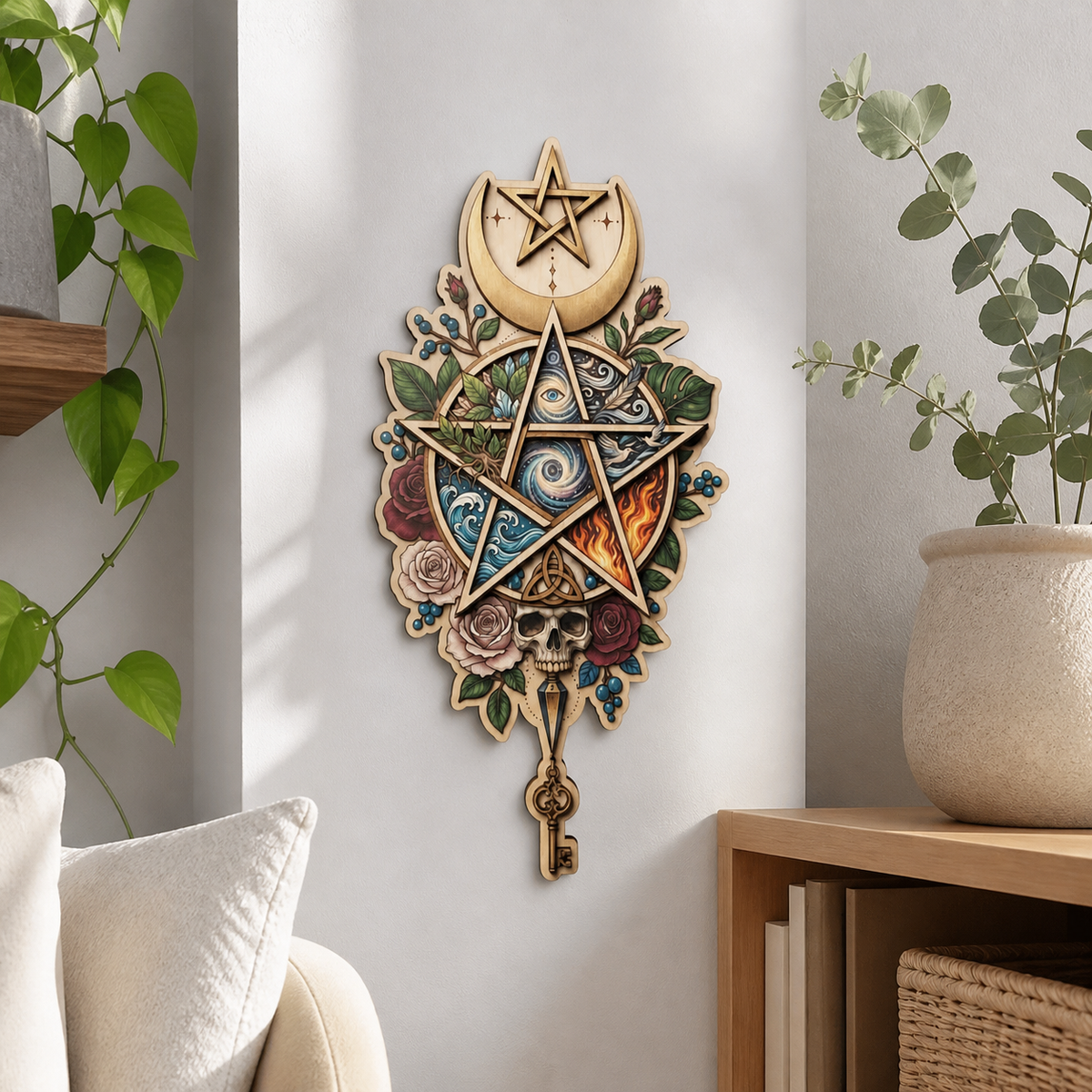 Pentagram Five Elements Wooden Sign, Skull Key Vertical Wall Art