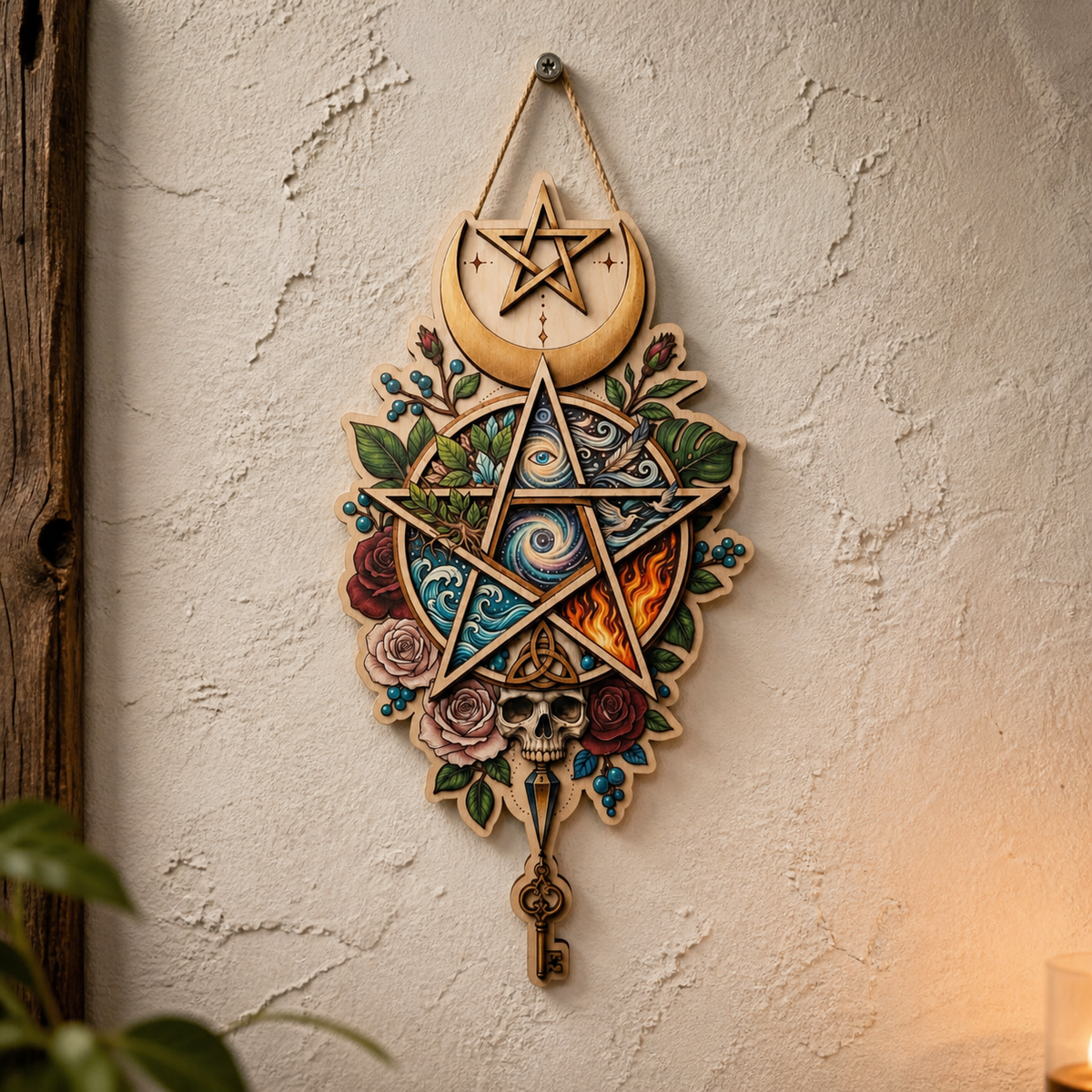 Pentagram Five Elements Wooden Sign, Skull Key Vertical Wall Art