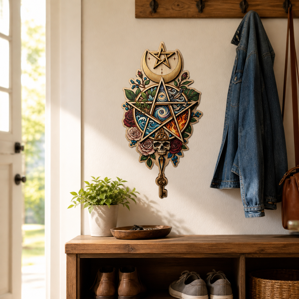 Pentagram Five Elements Wooden Sign, Skull Key Vertical Wall Art