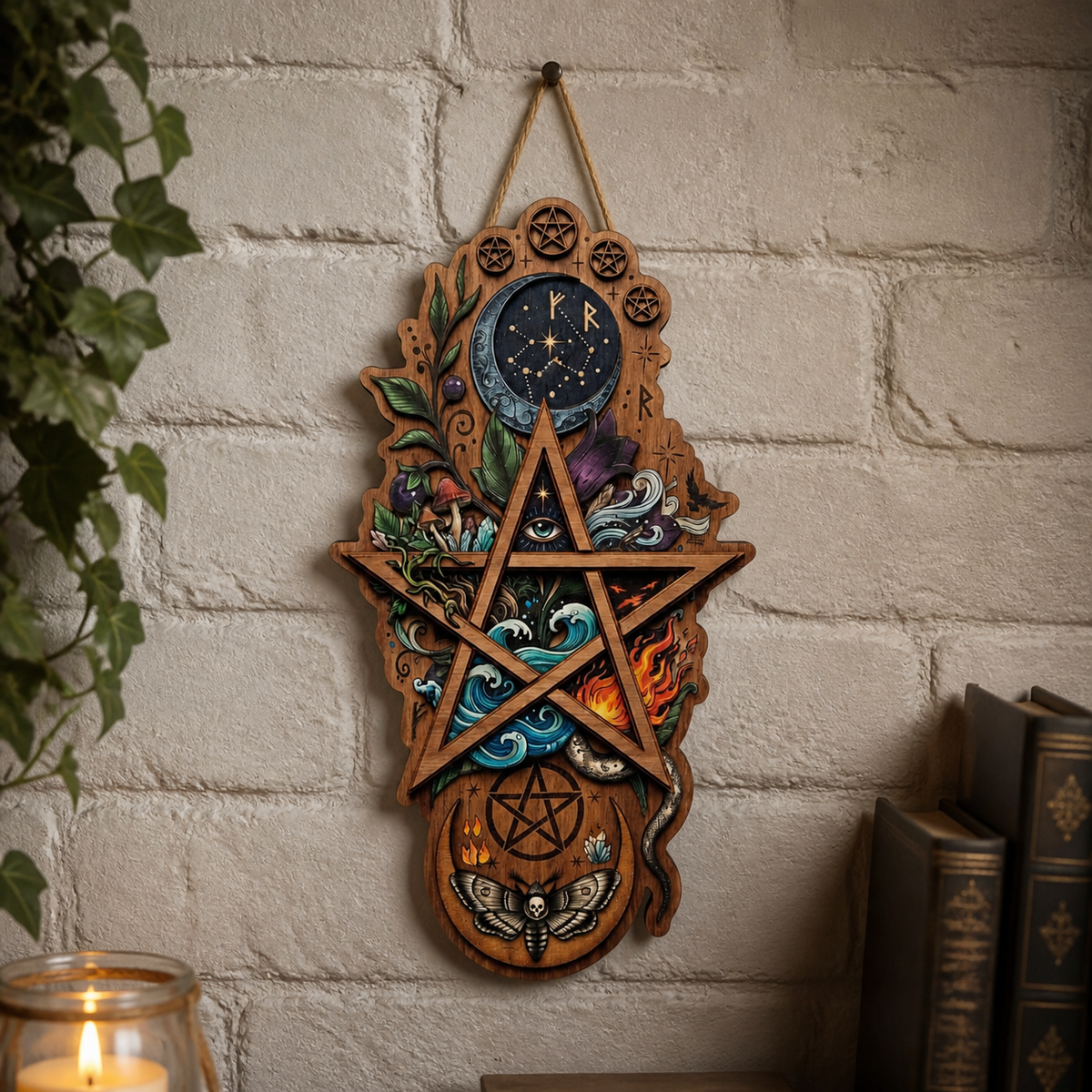 Pentagram Five Elements Wooden Sign, Death Moth Vertical Wall Art