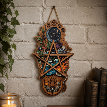 Pentagram Five Elements Wooden Sign, Death Moth Vertical Wall Art