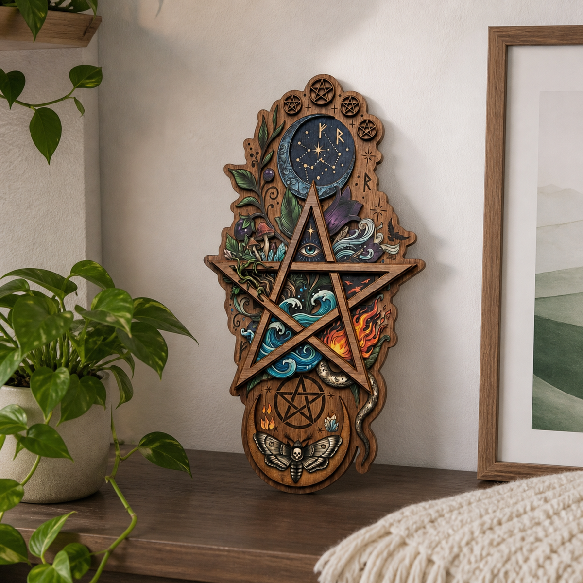 Pentagram Five Elements Wooden Sign, Death Moth Vertical Wall Art