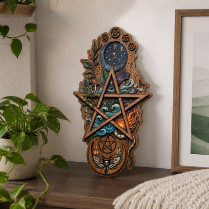 Pentagram Five Elements Wooden Sign, Death Moth Vertical Wall Art