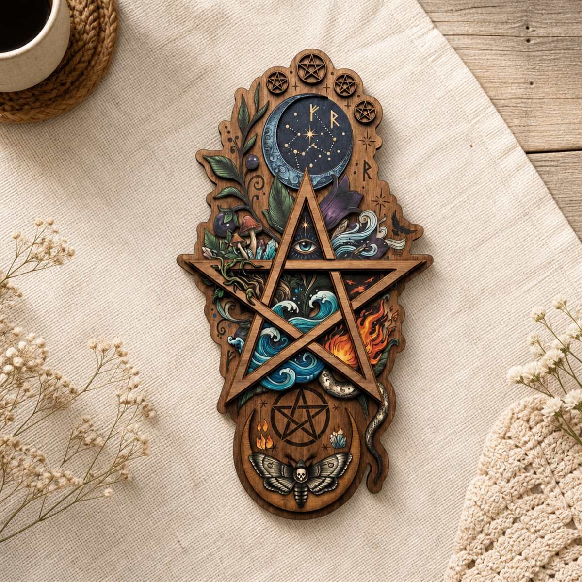 Pentagram Five Elements Wooden Sign, Death Moth Vertical Wall Art