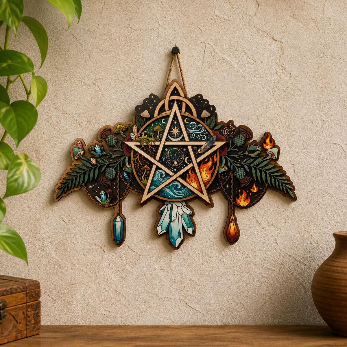 Pentagram Five Elements Wooden Sign, Hanging Crystals Arch Door Hanger