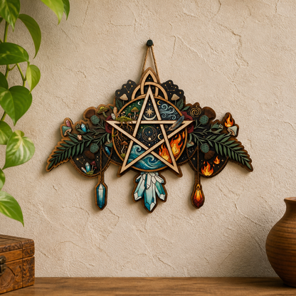 Pentagram Five Elements Wooden Sign, Hanging Crystals Arch Door Hanger