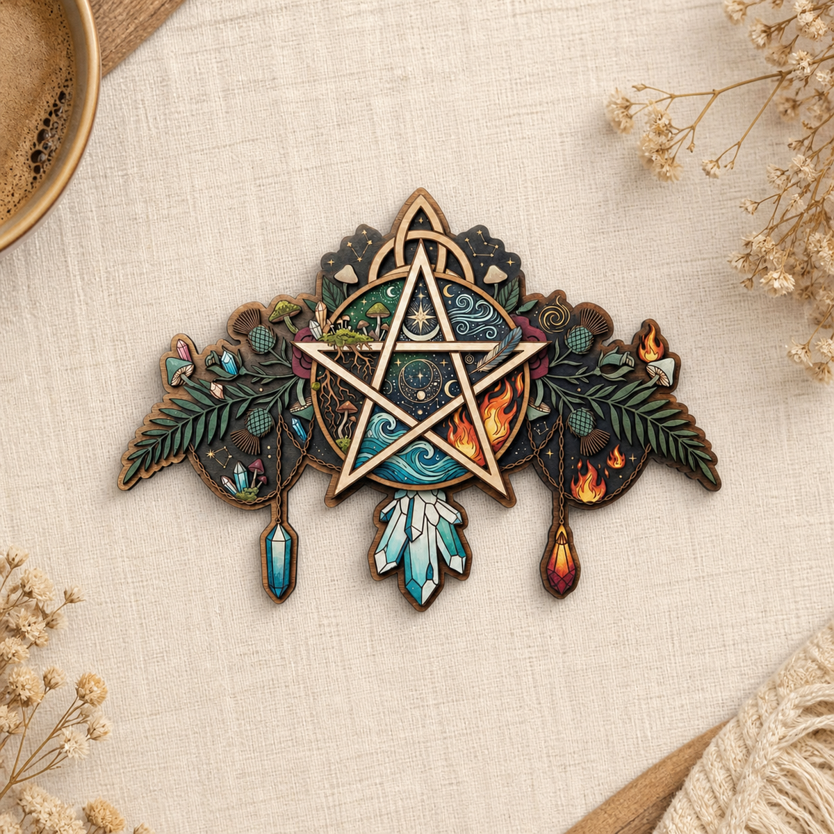 Pentagram Five Elements Wooden Sign, Hanging Crystals Arch Door Hanger