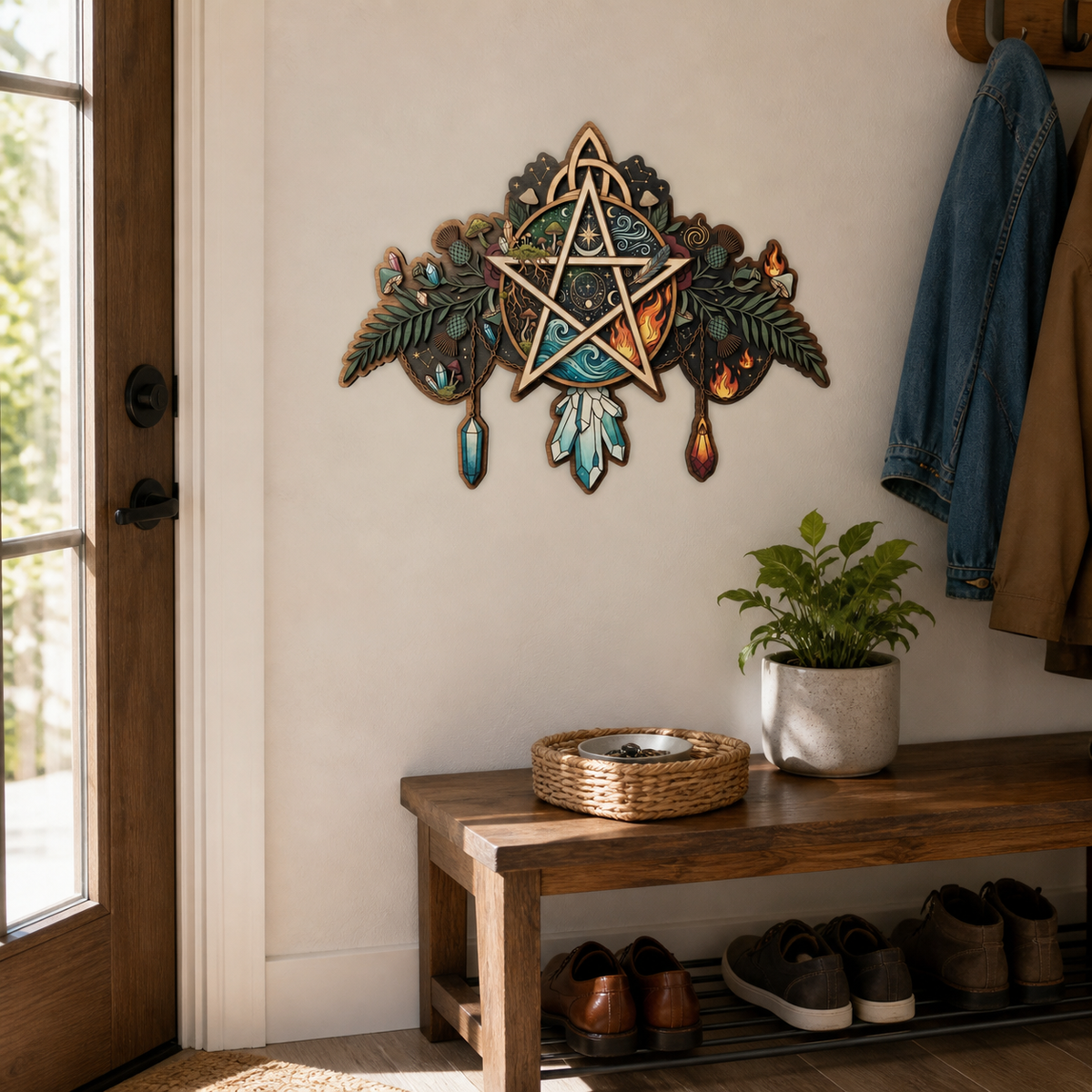 Pentagram Five Elements Wooden Sign, Hanging Crystals Arch Door Hanger