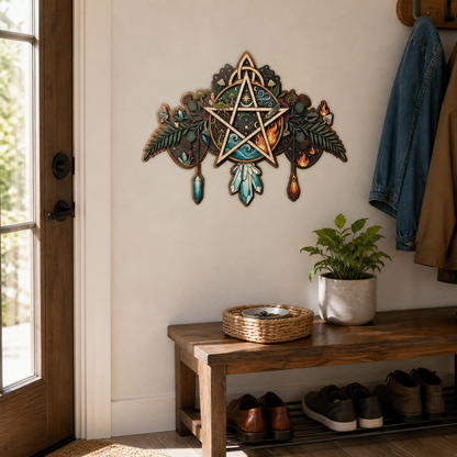 Pentagram Five Elements Wooden Sign, Hanging Crystals Arch Door Hanger