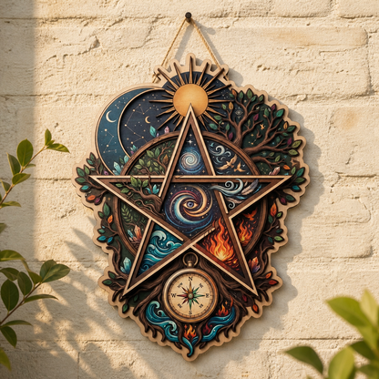 Pentagram Five Elements Wooden Sign, Sun Compass Shield Wall Art