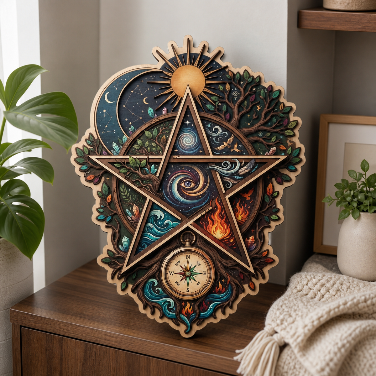 Pentagram Five Elements Wooden Sign, Sun Compass Shield Wall Art
