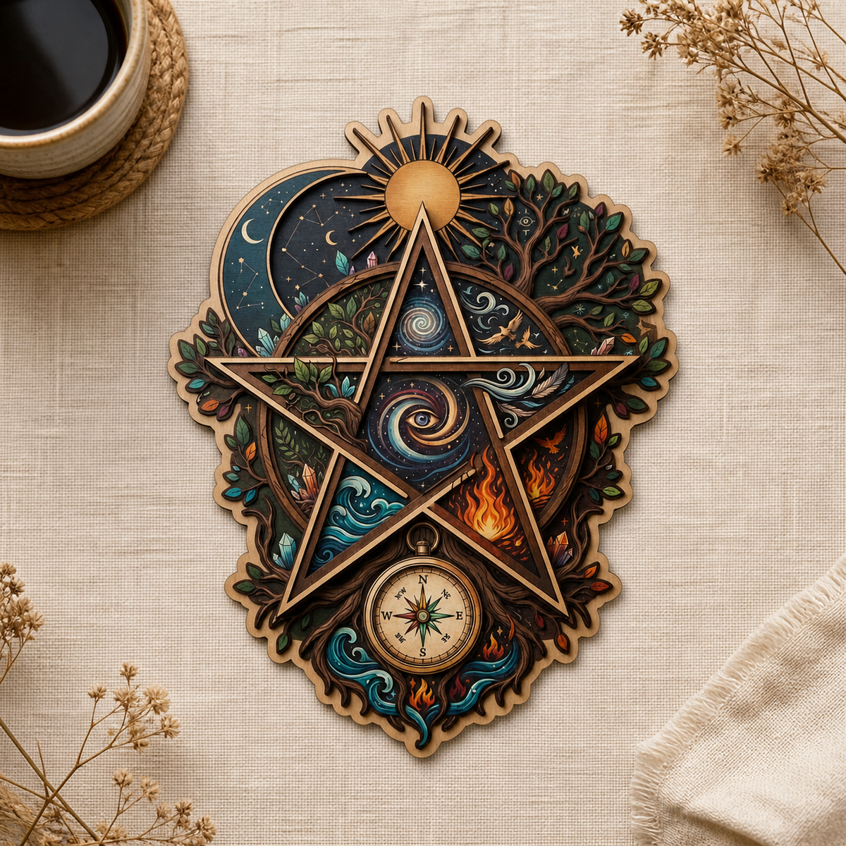 Pentagram Five Elements Wooden Sign, Sun Compass Shield Wall Art