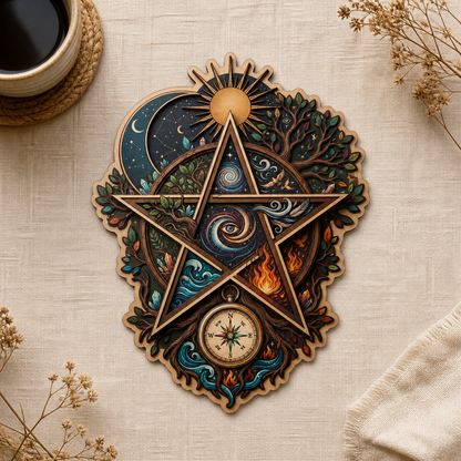Pentagram Five Elements Wooden Sign, Sun Compass Shield Wall Art