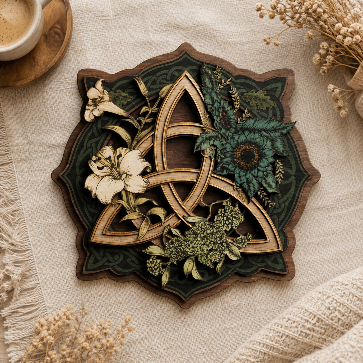 Triquetra Celtic Knot Wooden Sign, Lily Sunflower Hydrangea Wall Decor