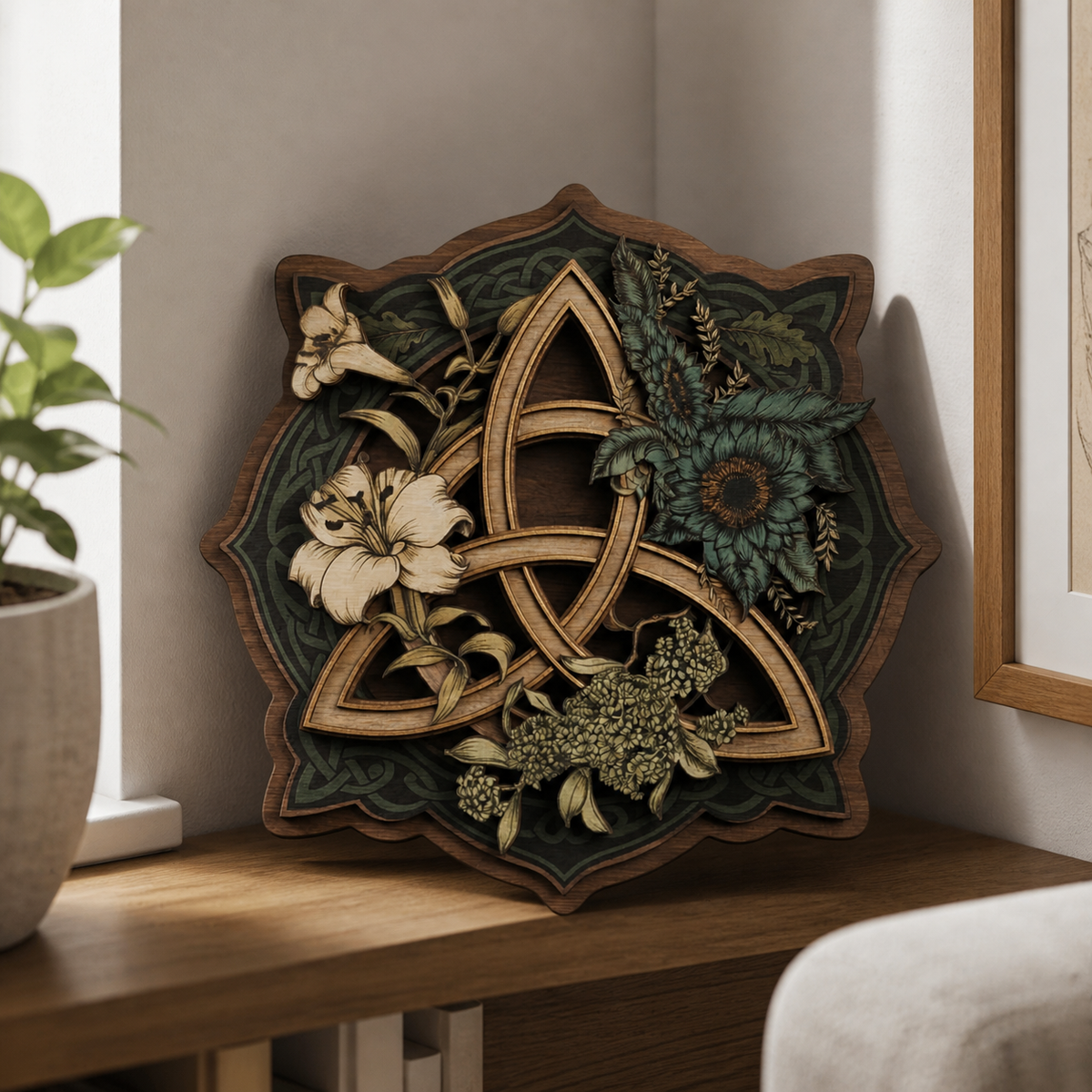 Triquetra Celtic Knot Wooden Sign, Lily Sunflower Hydrangea Wall Decor
