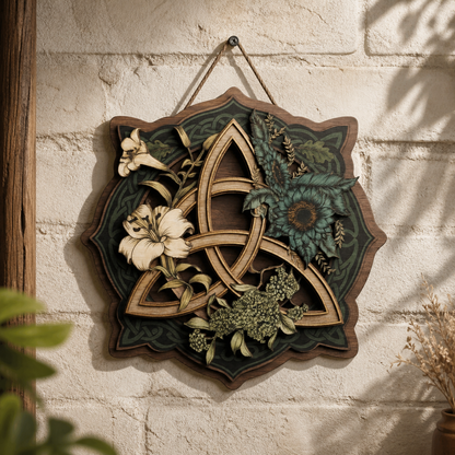 Triquetra Celtic Knot Wooden Sign, Lily Sunflower Hydrangea Wall Decor