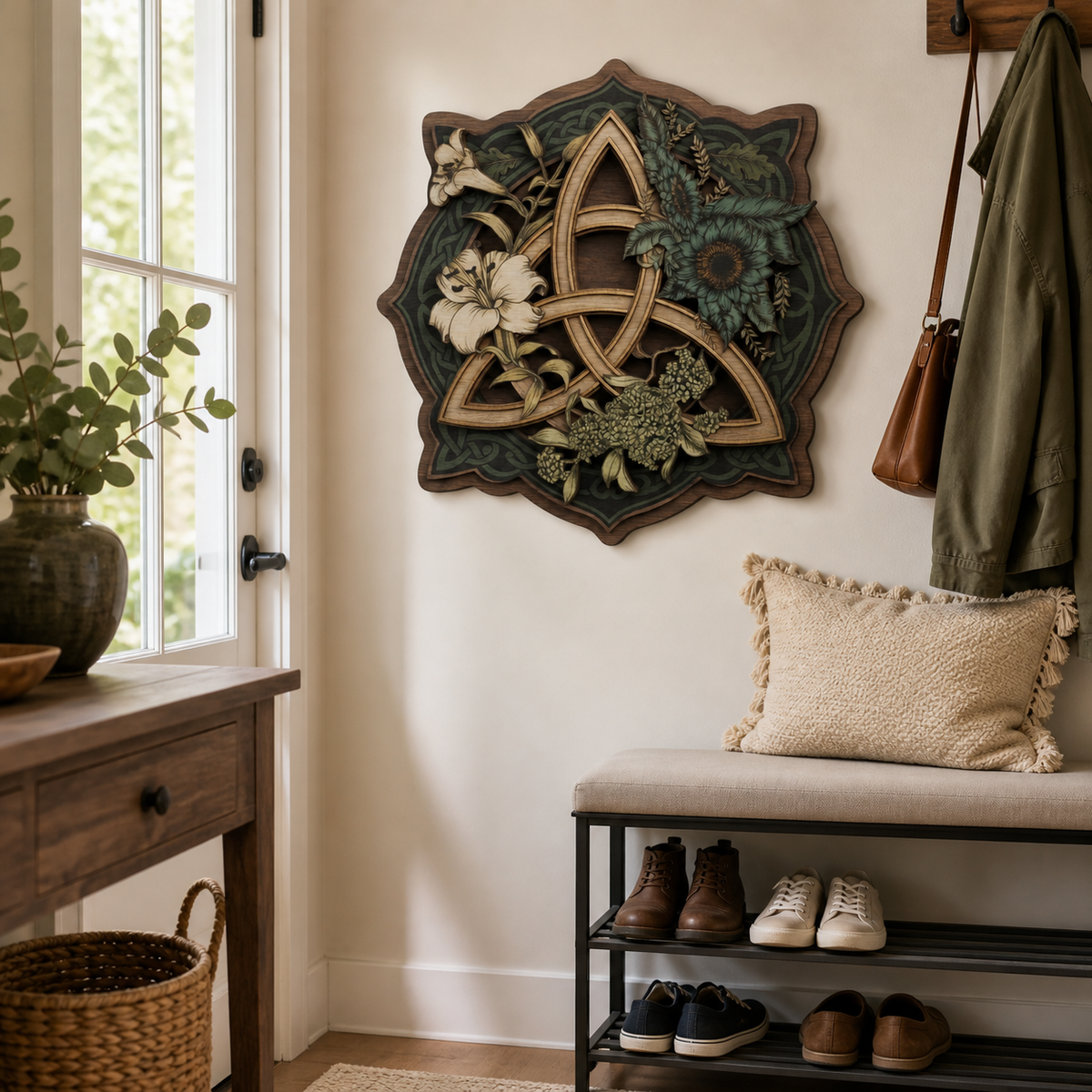 Triquetra Celtic Knot Wooden Sign, Lily Sunflower Hydrangea Wall Decor