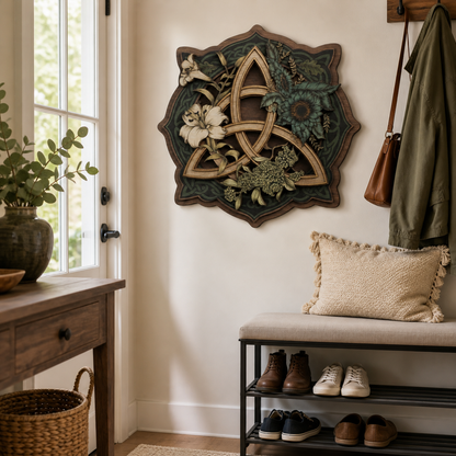 Triquetra Celtic Knot Wooden Sign, Lily Sunflower Hydrangea Wall Decor