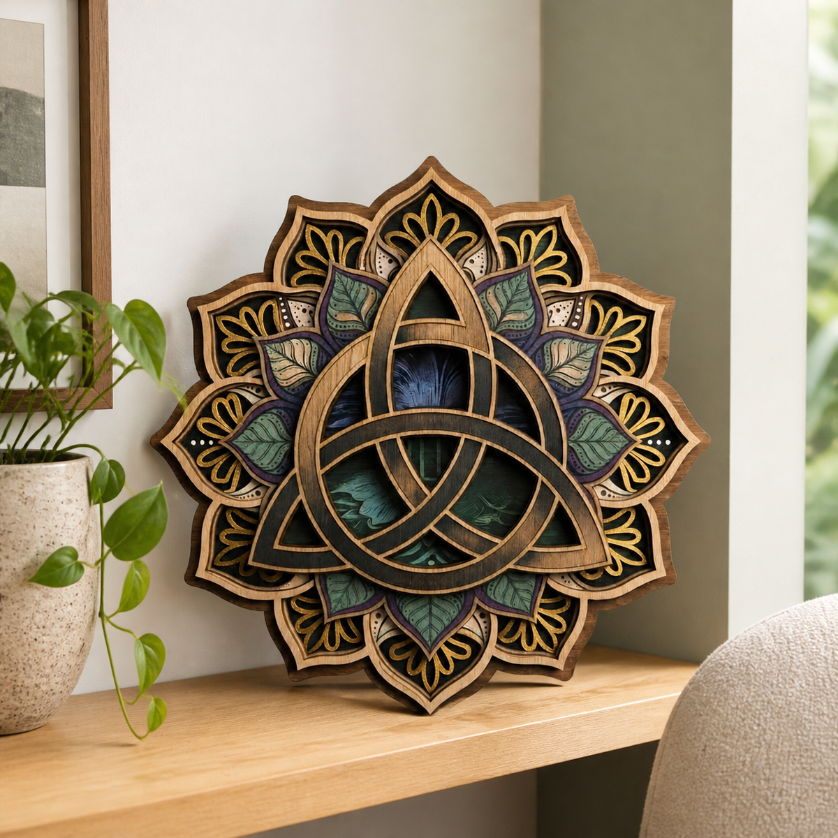 Triquetra Art Wooden Sign, Intricate Petal Celtic Trinity Knot Hanger