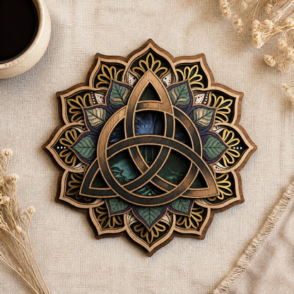 Triquetra Art Wooden Sign, Intricate Petal Celtic Trinity Knot Hanger